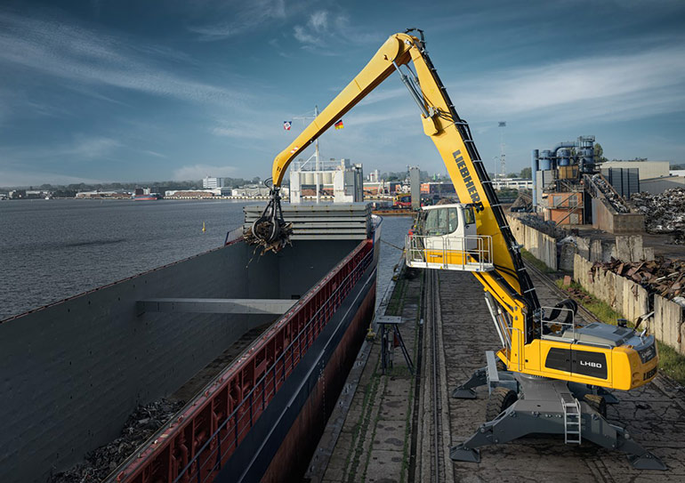 Figure 1. The high-lift LH 80 M from Liebherr is designed for use in heavy-duty material handling in the area of scrap, timber, and harbour operations. It is equipped with the patented Liebherr ERC System (energy recovery system), that gives the machine a performance boost while also saving fuel.