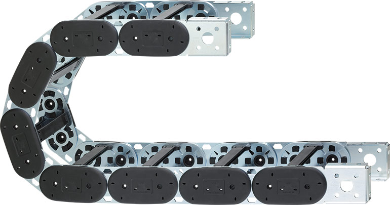 YE hybrid energy chains from igus are 50% lighter than conventional steel chains due to the high-performance polymers and are easy to maintain thanks to their modular design.