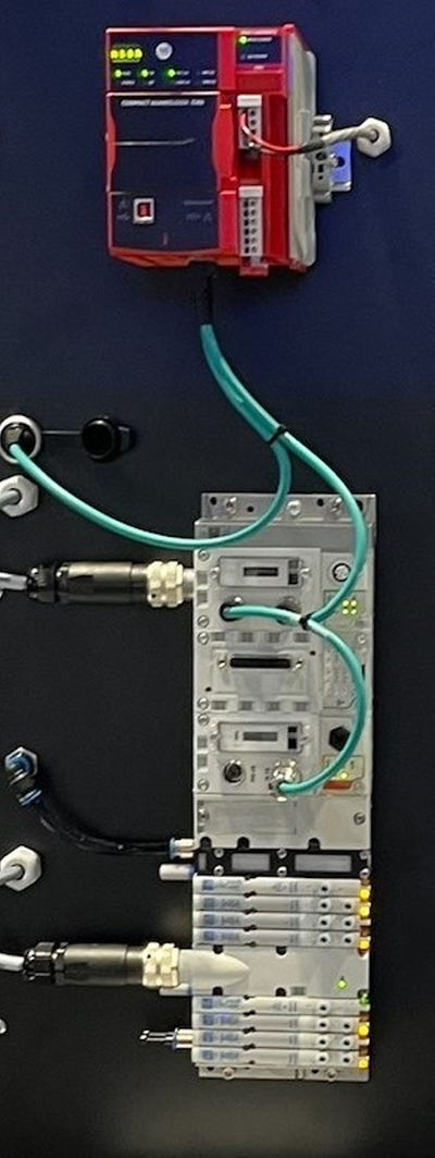 The Allen-Bradley ArmorBlock Guard I/O, top center, is wired to a CPX with VTSA-F-CB valve terminal, bottom center, for three safe zones and up to a CAT3, Ple, and SIL3 safety level.