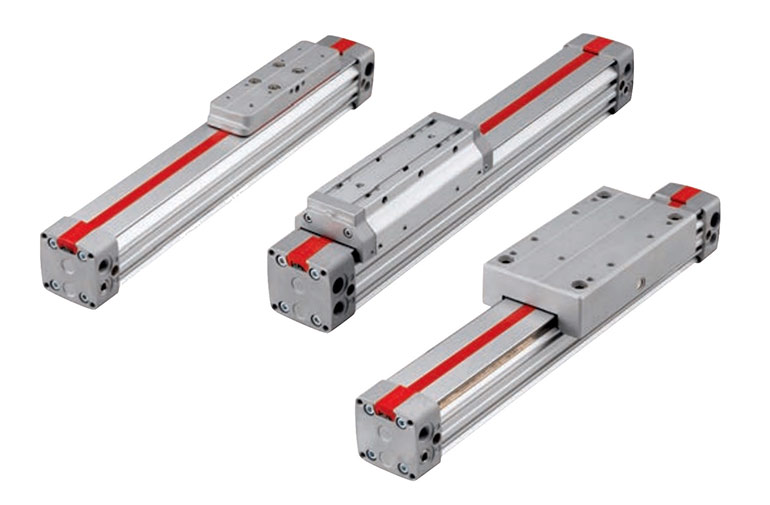 Norgren’s rodless actuators have lightweight, high-strength aluminum form factors with fully adjustable air cushioning, integral switch rail and machine mounting grooves, four carriage styles, eight bore sizes and high-speed options capable of achieving speeds of 15 meters per second for enhanced versatility and broad application suitability. Norgren’s Lintra plus rodless actuators, pictured here with (from left to right) internal guide, external guide and roller guide carriages, also feature a labyrinth dust strip optimized for application environments with dirt and dust hazards. Selections are in stock at Allied.