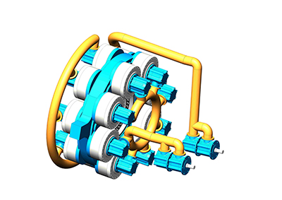 The Hydrautrans Drive Train includes eight planetary gearboxes on either side of the ring gear. Each planetary drives a hydraulic pump, and four pumps supply one hydraulic motor.