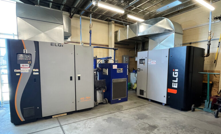 Two 100-hp Elgi EG 75V variable speed rotary screw air compressors at Legacy Industries, a Michigan-based aerospace manufacturer.
