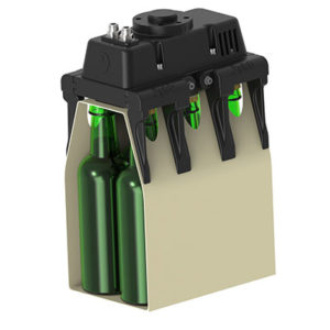 Piab’s rectangular gripper gently but firmly holds and lifts the sixpack without damaging bottles, carton, or label.