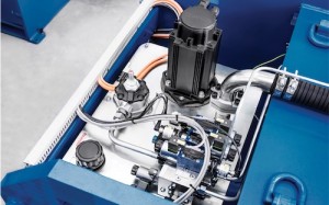 A close-up of Bosch Rexroth’s Sytronix variable-speed pump drives, which only spin at fractional speed during standby mode, using only enough energy to maintain leakage and pressure.