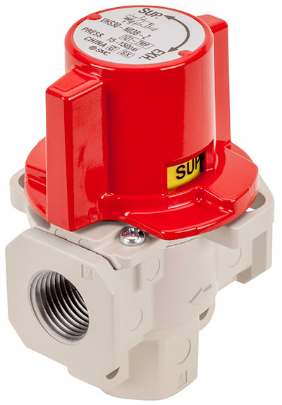Figure 2. The SMC VHS series is a pneumatic lockout valve. This 3-way, 2-position valve manually vents downstream air to atmosphere and provides a lockout feature for technicians. 