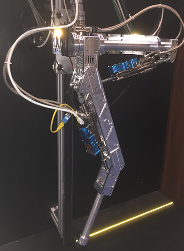 The Moog Highly Integrated Smart Actuator is shown integrated onto the leg from IIT’s HyQ Quadruped Robot.