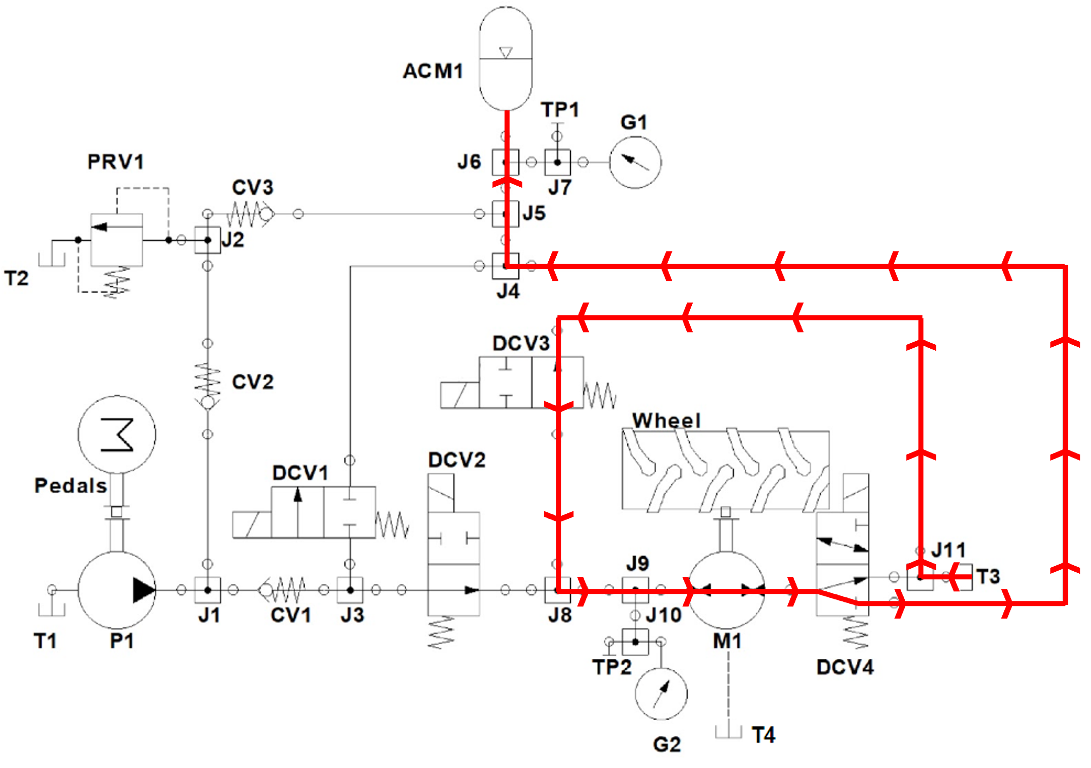 TAMU Fluid Power Club hydraulic circuit showing accumulator charge via regenerative braking mode.